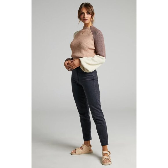 Women's Color Block Cropped Sweater Knitted Pullover Lantern Sleeve Casual - Picture 6 of 6